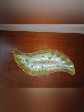 Vintage Green Drip Glaze Leaf Feather Ashtray 10" Long Retro Boho MCM